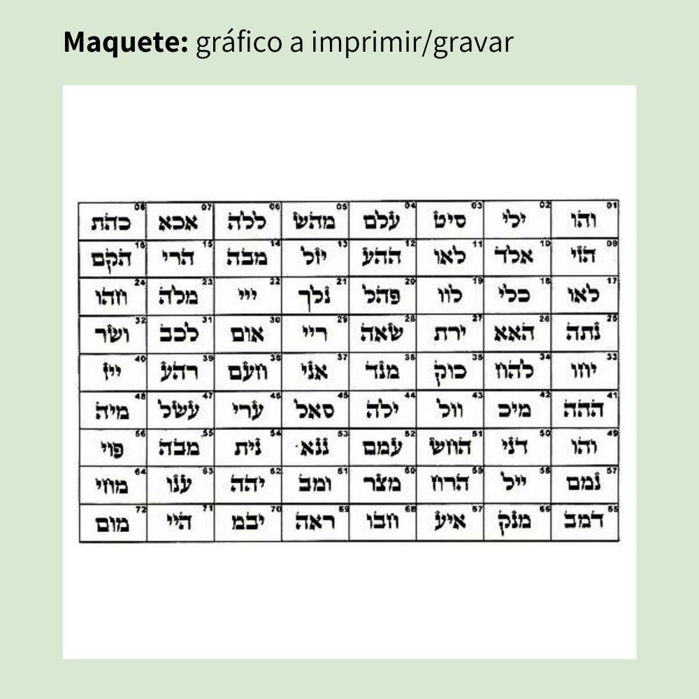 Maquete do Gráfico Radiestésico 72 Nomes de Deus que será impresso a preto em MDF Cru – disponível em 17x17, 21x21 e 23x23 cm – Produção própria TILGUTI.