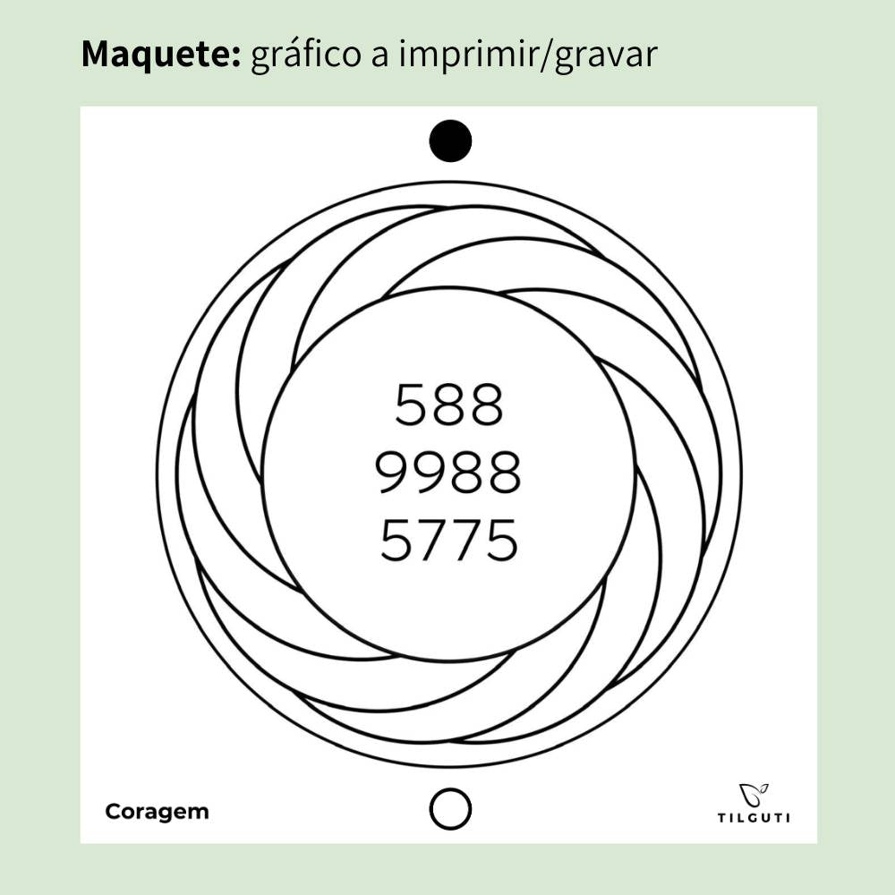 Maquete do Gráfico Radiestésico Coragem que será gravado a laser em MDF Lacado branco – Variante Iniciante com Norte de Forma – disponível em 15x15, 17x17, 21x21 e 23x23 cm – TILGUTI.
