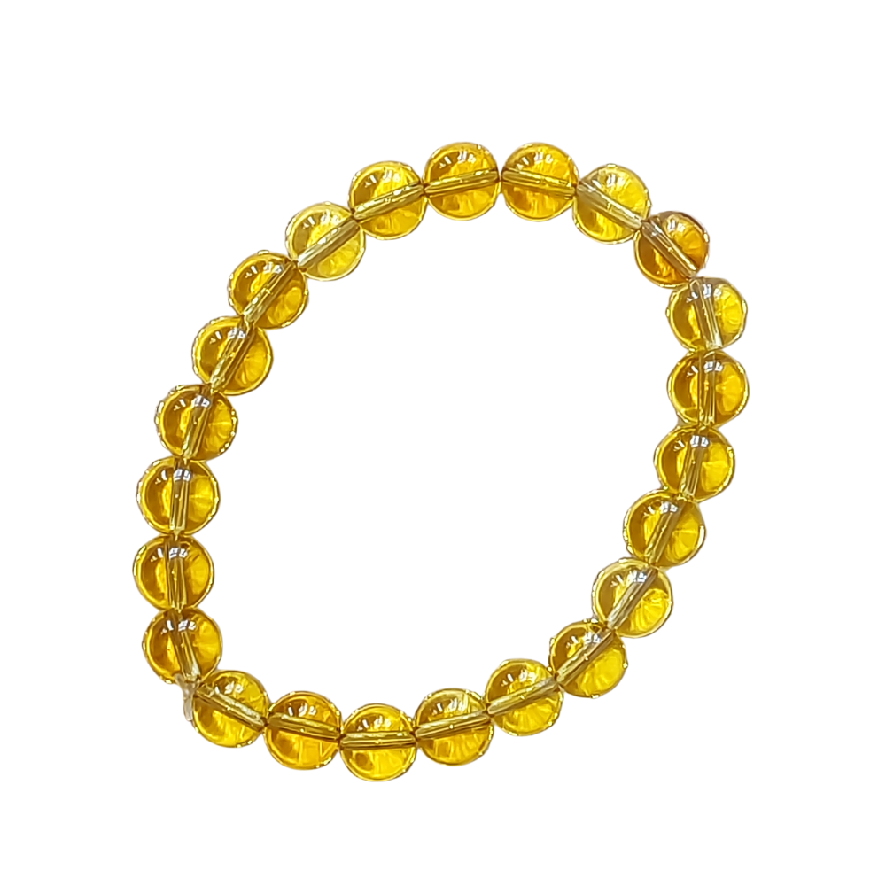 Pulseira de Citrino natural com esferas de 8 mm, tradicionalmente associada à prosperidade, abundância e clareza mental.