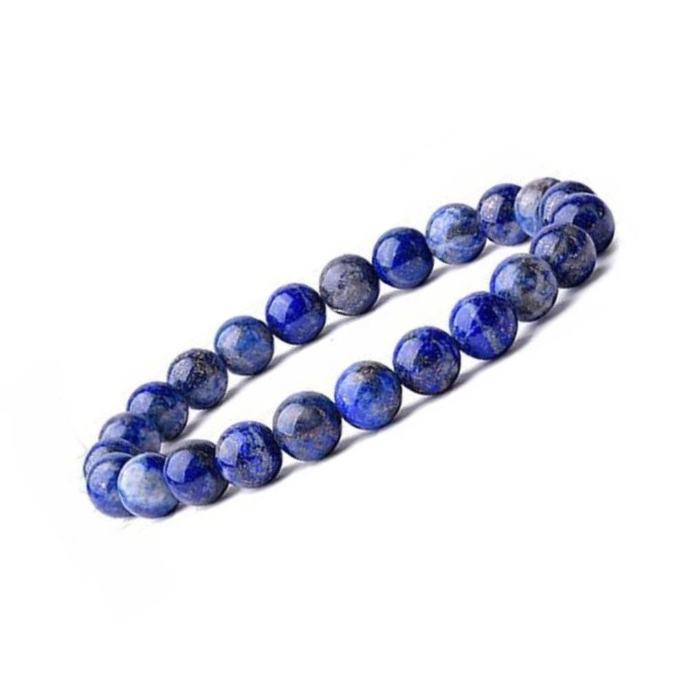 Pulseira de Lápis-Lazúli natural com esferas de 8 mm, tradicionalmente associada à intuição, clareza mental e proteção psíquica.